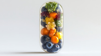 A transparent capsule filled with a colorful assortment of fresh fruits, symbolizing health and nutrition.