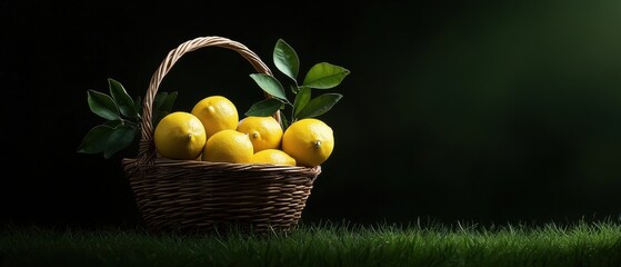 A basket of lemons with green leaves.