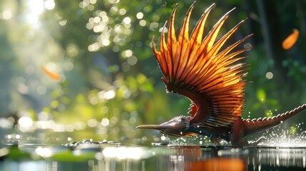 Colorful prehistoric creature swimming in a lush, sun-dappled wetland with vibrant foliage