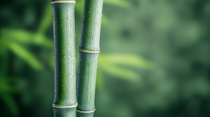 Obraz premium Close-up of vibrant green bamboo stalks with water droplets against a blurred natural background