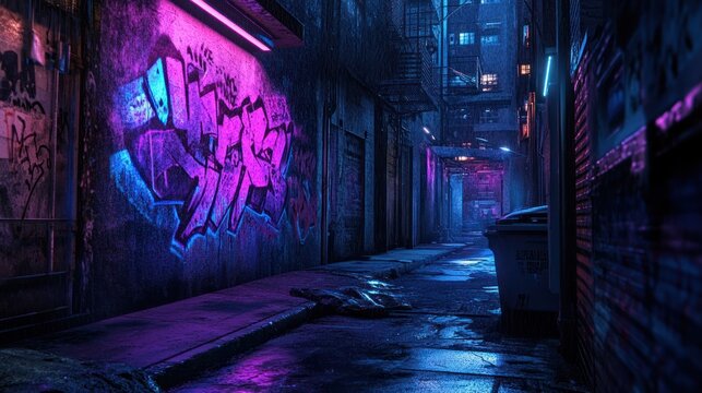 Fototapeta Neon-lit alleyway, graffiti wall, night city, urban backdrop, game background