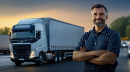 logistics expert confidently presents cost reduction plan, standing in front of truck on highway. sunset creates warm atmosphere, highlighting importance of transportation