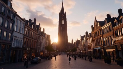 Naklejka premium Sunset View of Medieval City Center and Tall Tower