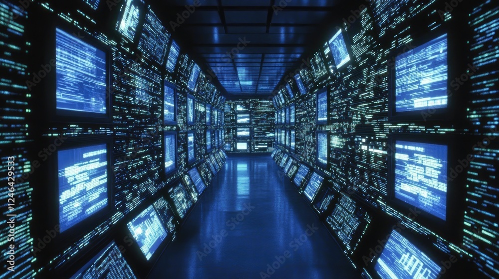 Poster computer code displayed on multiple monitors in a cyber-security research lab.