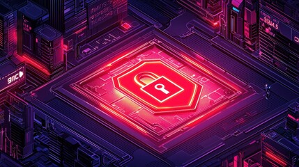 Secure Digital Environment with Lock Symbol and Neon Aesthetics