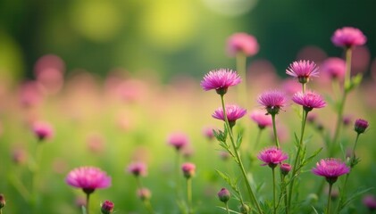Fototapeta premium Soft focus of pink heather flowers in a lush floral meadow, natural world, flowers