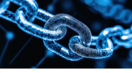 A digital twin representation of real-world assets on a blockchain, glowing in a tech environment.
