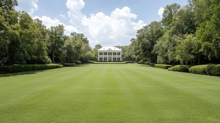 Obraz premium Antebellum mansion, lush lawn, summer day, estate background, real estate