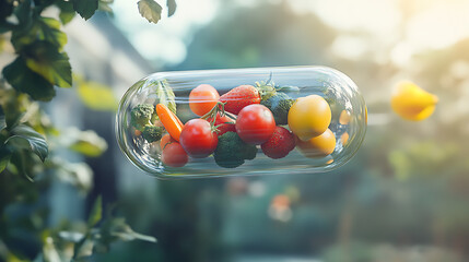 A vibrant display of fresh vegetables and fruits within a transparent capsule, showcasing nature's bounty in a sunlit garden.