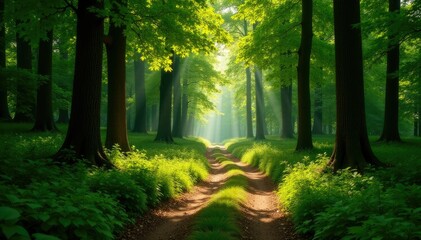 Obraz premium A winding dirt path leads through a forest of towering trees with sunlight filtering through the leaves, woodland, natural, earthy