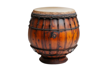 Traditional wooden Indian drum, isolated on a transparent background.