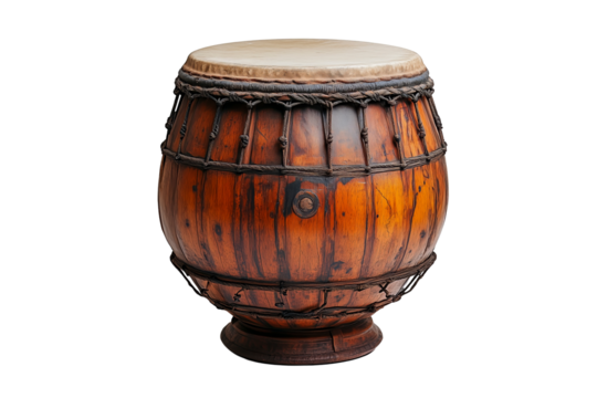 Traditional wooden Indian drum, isolated on a transparent background.