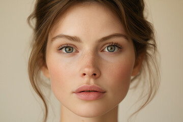 Naklejka premium A beautiful woman with a medium skin tone, shoulder-length dark hair, and blue eyes is featured in an editorial beauty shoot for the skincare brand Staud. She poses against a cream-colored background 