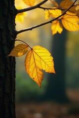 Obraz premium A yellow leaf clinging to a branch in the forest, natural elements, autumn foliage, twig details