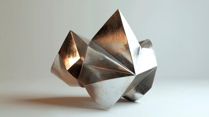 Artistic geometric structure contemporary studio sculpture minimalist environment close-up view aluminum and zinc foils
