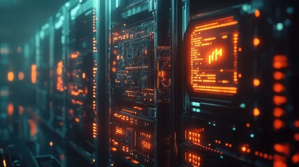 Obraz premium Cryptocurrency mining farm with rows of powerful GPU rigs glowing in a dark setting.