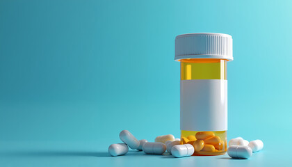 Pill bottle with capsules spilling on a blue background for medication and health
