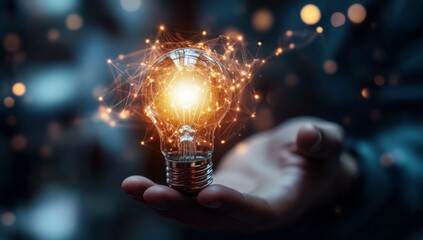 Glowing Idea Bulb Held, City Night Background