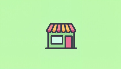 Small storefront illustration with a striped awning on a green background