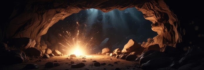 Sparkling sparks illuminating a dark and mysterious cave at night, radiance, darkened cavern