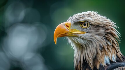 Obraz premium Majestic eagle portrait showcasing sharp features and vibrant colors against a blurred green background