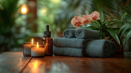 Spa treatment, candles, towels, orchid, jungle