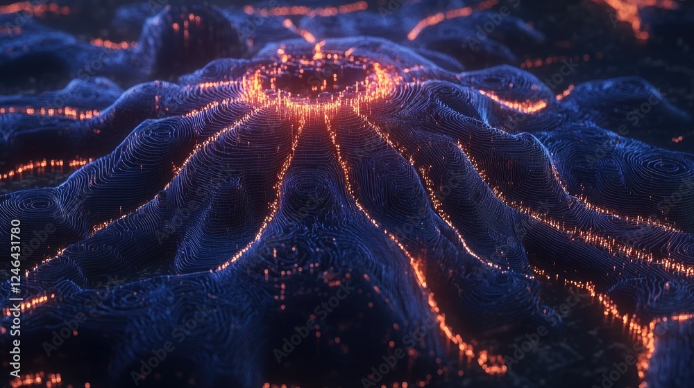 Poster dark blue ai neural network visualization with interconnected glowing nodes and lines.