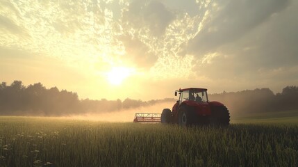 Fototapeta premium Tractor harvesting wheat field at sunset.