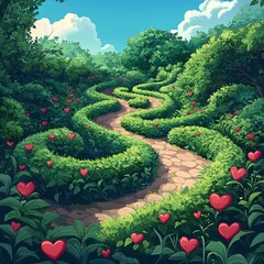 Obraz premium A vector illustration of an enchanted garden maze with heart-shaped hedges leading to a secret spot.