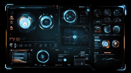 Fototapeta premium A futuristic cybersecurity interface with glowing protection icons and a modern tech aesthetic.