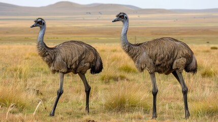 Two emus walking gracefully through a vast grassy landscape under a clear sky