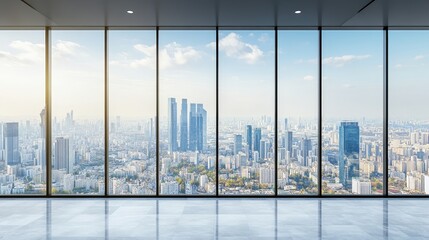 Fototapeta premium Blurred glass wall with a cityscape background creating a modern abstract effect. Contemporary urban architecture with a soft focus for banner design, business, and technology concepts