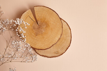 Two stacked wooden slices with natural cracks and tree rings, placed on a beige background with delicate dried flowers. Perfect for product display and nature-inspired designs