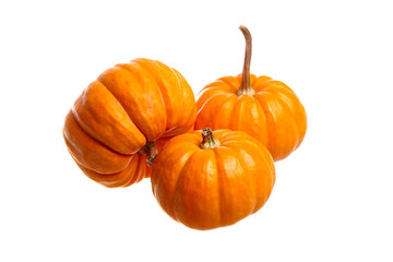 Three vibrant orange pumpkins with ridged textures and stems, isolated on a white background. Perfect for autumn, Halloween, Thanksgiving, and seasonal decor