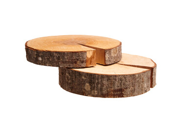 Two round wooden log slices with natural bark, visible growth rings, and deep cracks, stacked on top of each other, isolated on a white background. Perfect for rustic decor or crafts