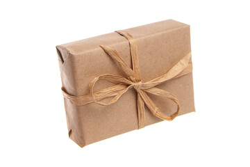 Small rectangular gift box wrapped in brown kraft paper and tied with a rustic twine bow....