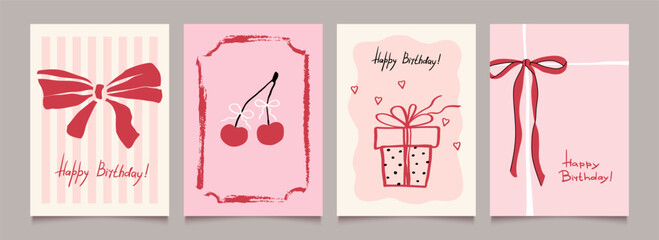 Birthday greeting cards set with bows, ribbons, frames and cherry. Hand drawn design for gifts, posters, banners, invitations and party backgrounds.