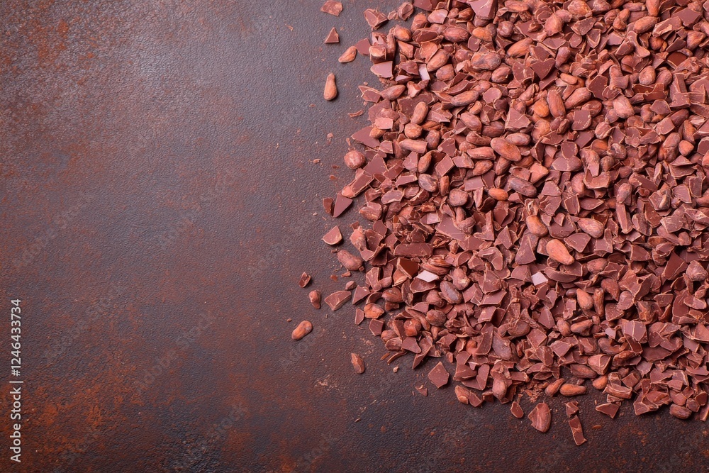 Aufkleber dark chocolate shards and whole cocoa beans are creatively scattered on a textured culinary surface,
