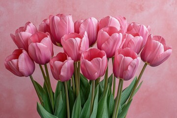 Fototapeta premium Vibrant bouquet of pink tulips arranged in a vase on a soft pastel background