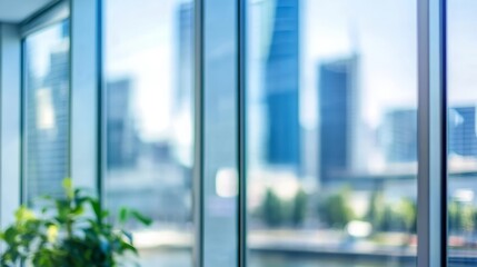Fototapeta premium Blurred glass wall with a cityscape background creating a modern abstract effect. Contemporary urban architecture with a soft focus for banner design, business, and technology concepts