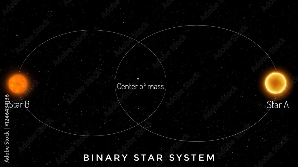 Wall mural binary star system with orbits. two stars revolve around a common center of mass in space.
