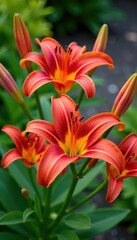 Summer garden blooms with bright red lily flowers, colorful blooms, flower garden