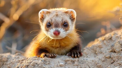 Fototapeta premium A curious marten peeks from a rocky outcrop during sunset in a serene natural habitat