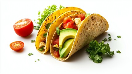 Tall and narrow soft tortilla wrap with chicken, avocado, tomato, and corn on a white background. Taco, a homemade-style magazine photo