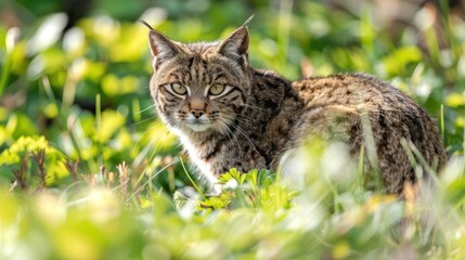 A lynx crouches in a vibrant green meadow, observing its surroundings in the wild