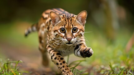 Obraz premium A playful wild cat swiftly running through a lush green forest, showcasing its agility and beauty