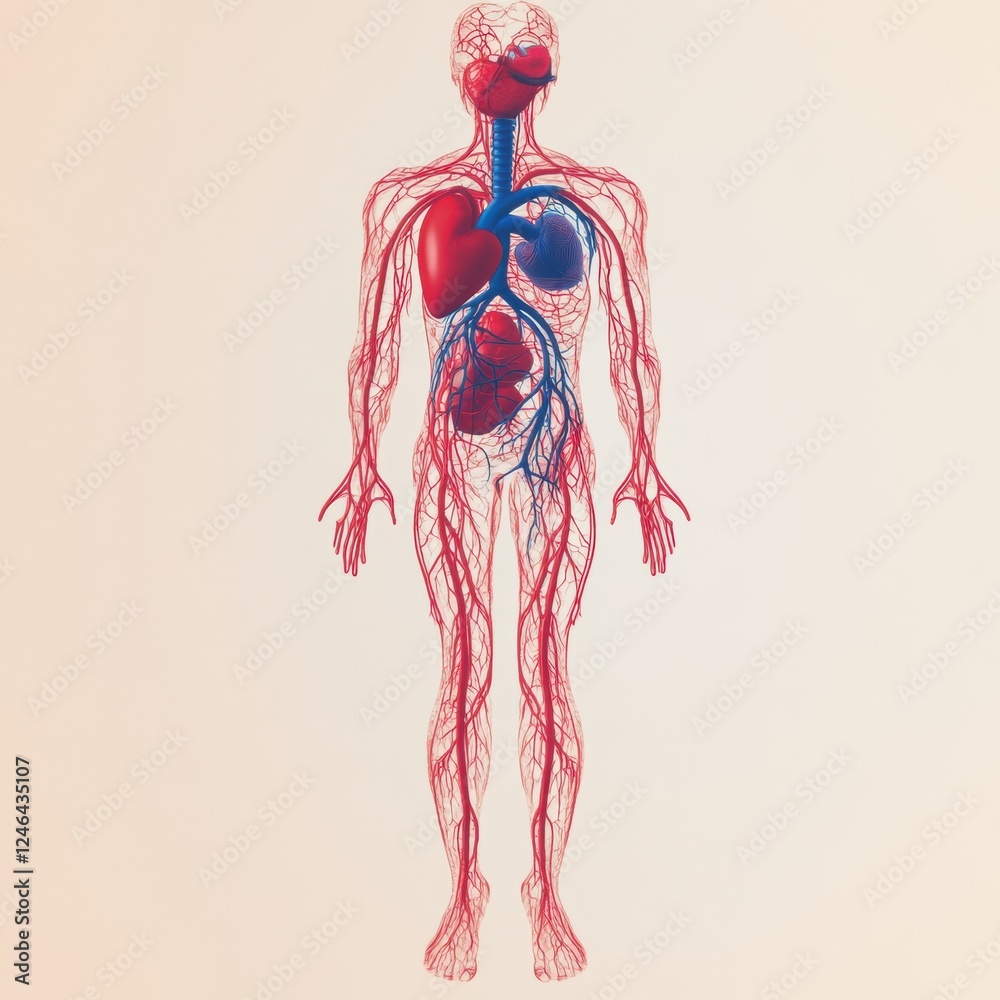 Poster detailed anatomical representation of the circulatory system including veins and arteries with a foc