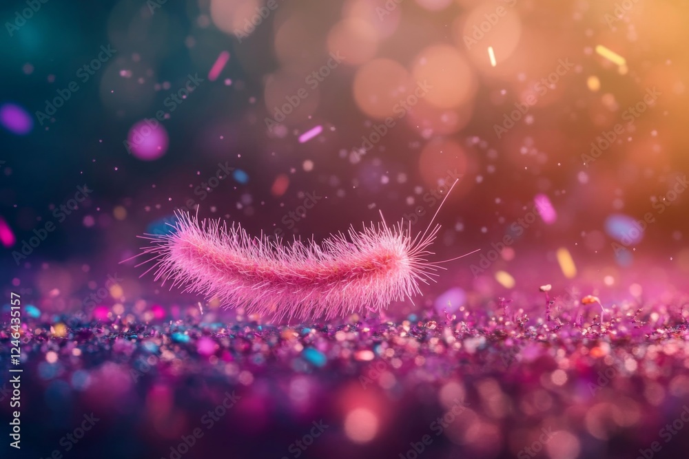 Poster a vibrant bacterium shines against a dark backdrop, surrounded by blurred, colorful microorganisms f