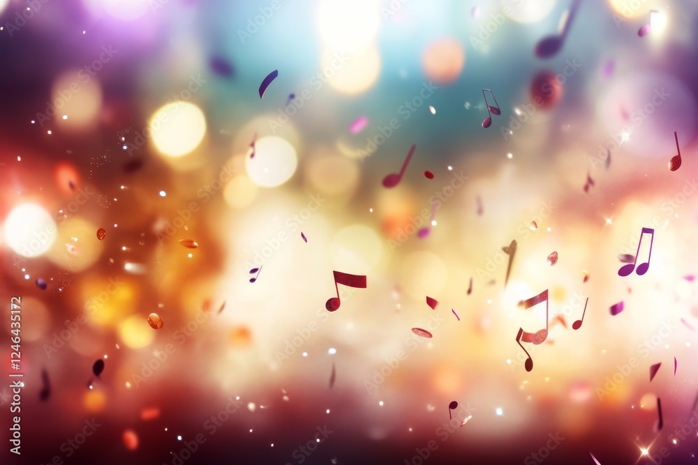 Poster bright pastel backdrop adorned with swirling musical notes and scattered confetti, creating a magica