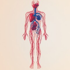Detailed anatomical representation of the circulatory system including veins and arteries with a focus on the heart. Generative AI